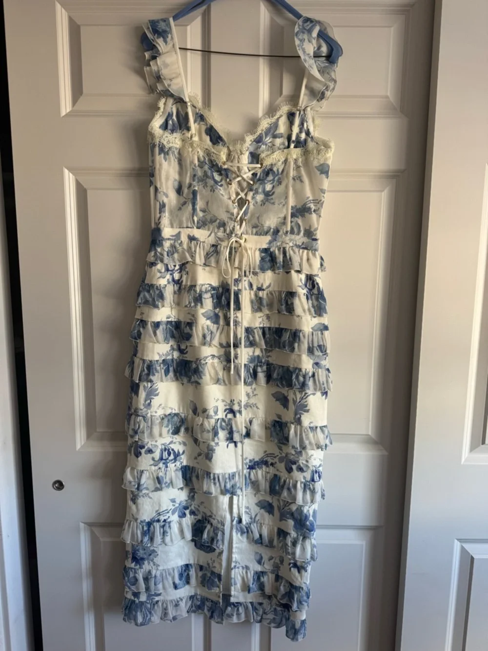 V. Chapman White and Provencal Blue Floral Ruffle Midi Dress - Picture 4 of 6